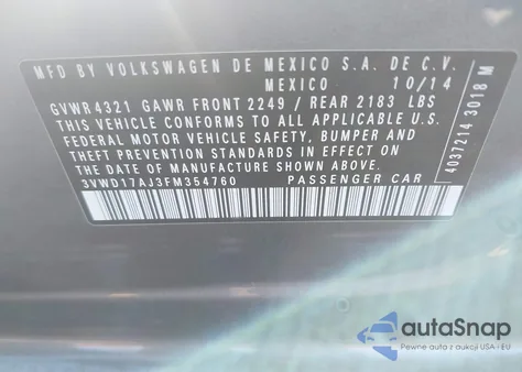 2015 Volkswagen Jetta 1.8T Se from USA, damaged, VIN 3VWD17AJ3FM354760